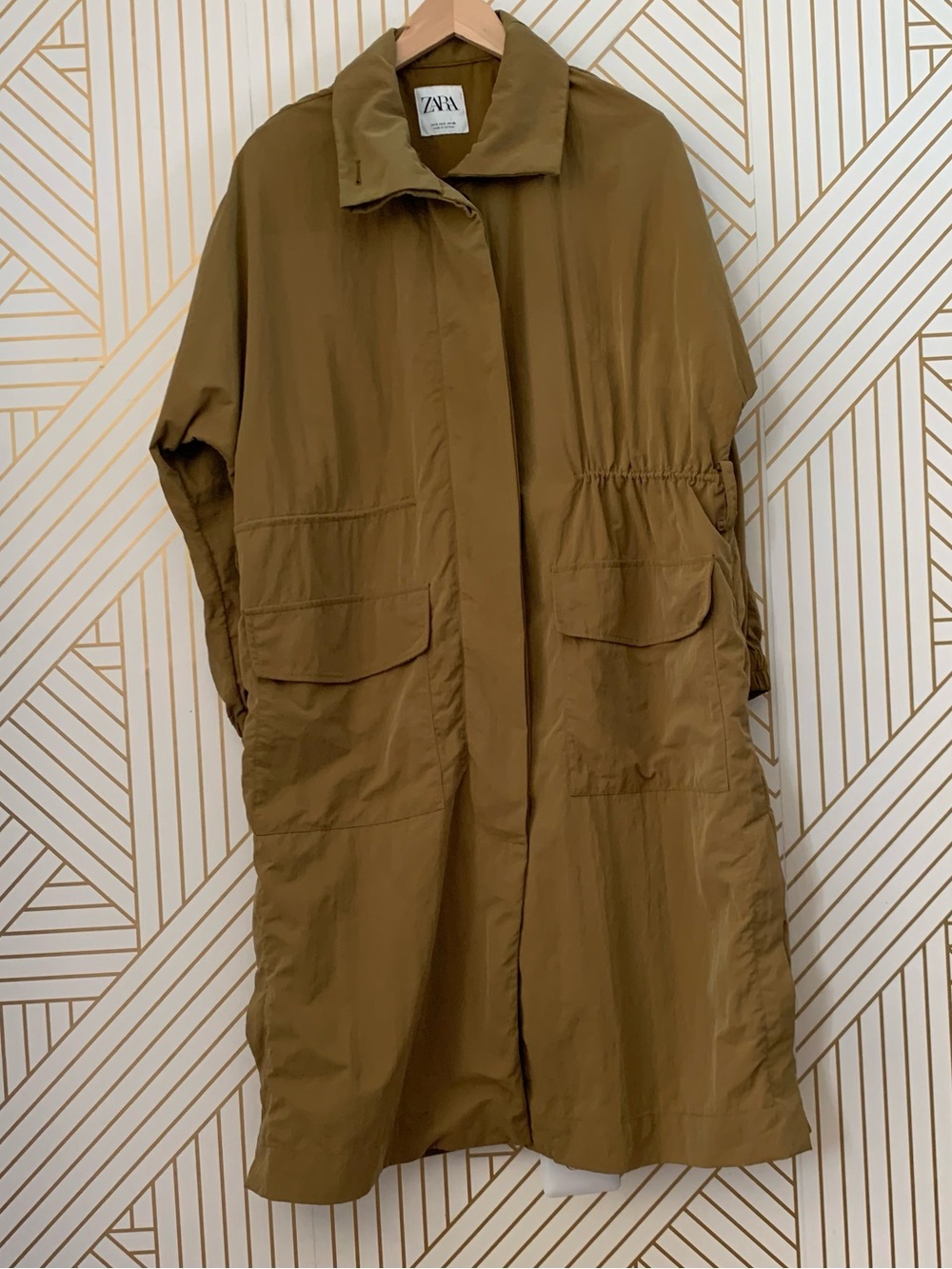 Zara Utility jacket Drawstring Trench coat Brown tan Coat Nylon Classic timeless